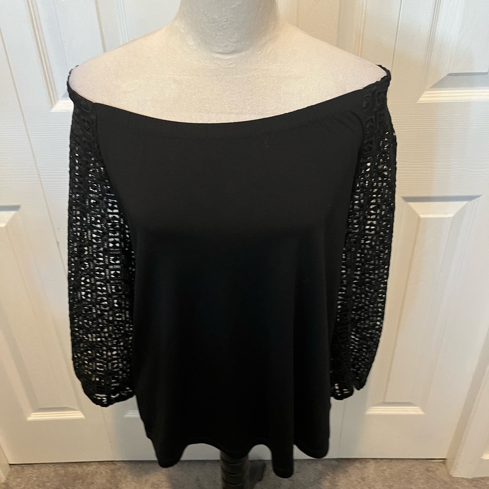 Talbots Size M Off-Shoulder Black Top with Crochet Puff Sleeves